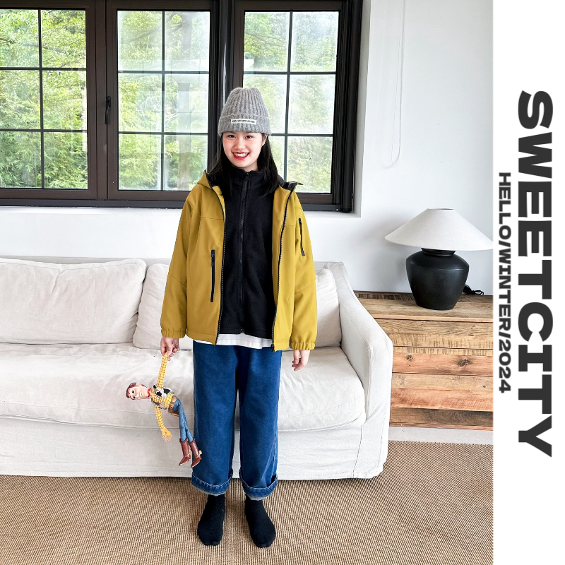 sweetcity独家定制 儿童中性风日系休闲软壳厚实纯色连帽外套风衣