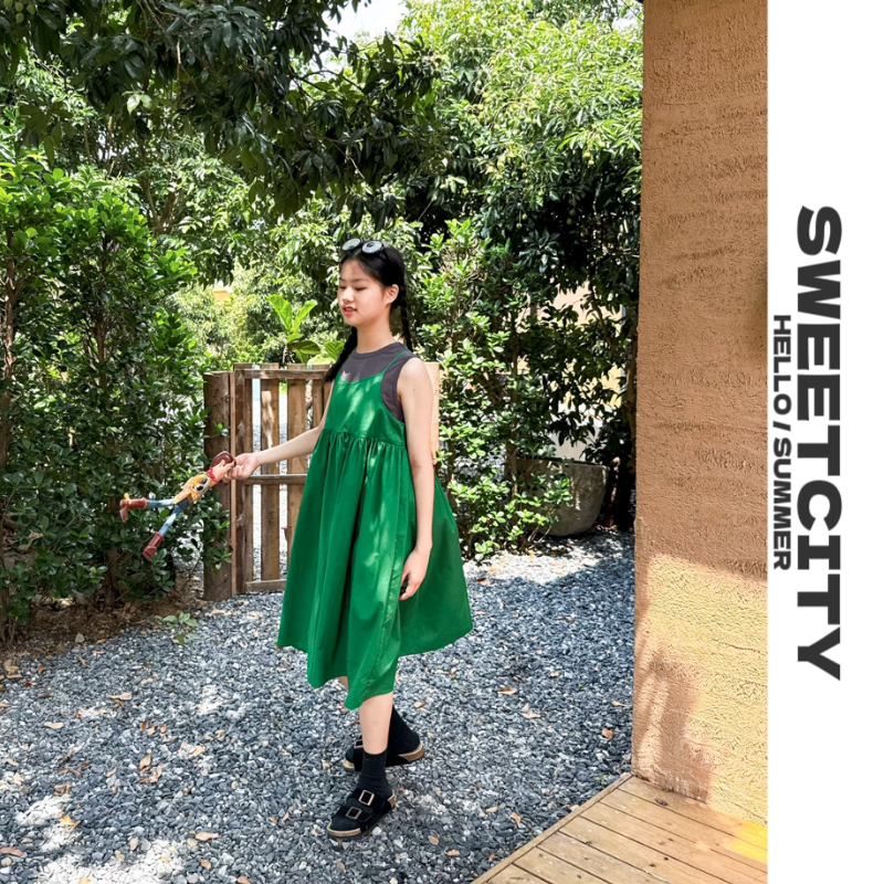 sweetcity独家定制 25夏季女童日系范腔调款百搭假二件撞色背心裙