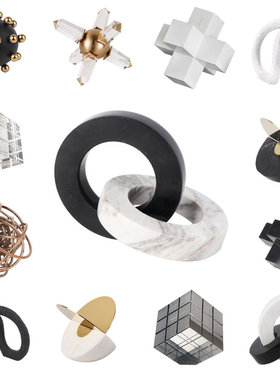 现代简约样板房间软装饰品大理石套圆环摆件创意金属书房客厅摆设