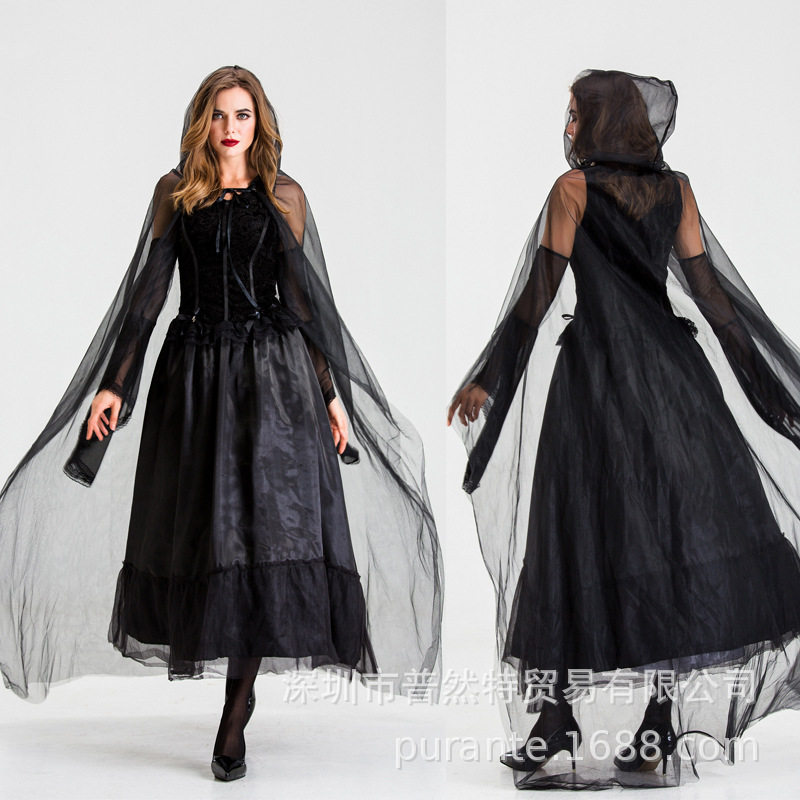万圣节服装吸血鬼女王长裙欧美舞台派对装扮黑色蕾丝恶魔服饰