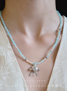 复古做旧纯银小鱼拼接淡水珍珠蓝水晶天然石气质项链女清新天蓝色