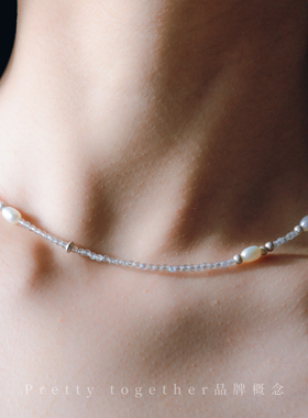 纯银项链×天然碧玺蓝灰色水晶拼接淡水珍珠复古秋季项链女气质