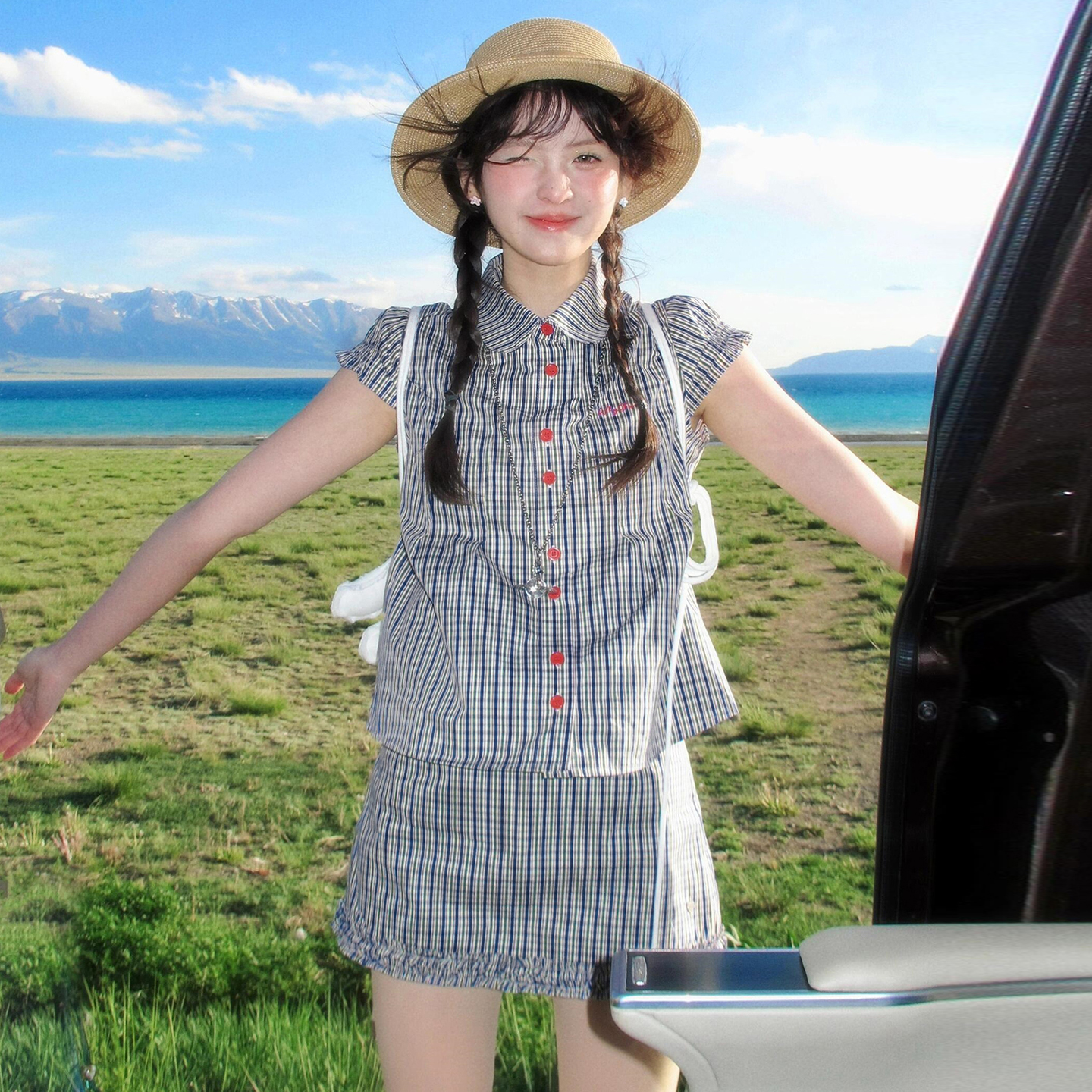 韩系格子小飞袖衬衫连衣裙女夏季2025新款复古绝美学院风套装短裙