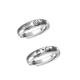 韩版 小狗戒指配饰开口指环 ins风小众设计猫咪吃鱼情侣戒指男女款