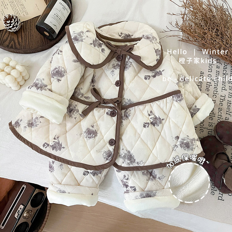 女童冬季碎花棉衣套装洋气女宝宝加绒加厚棉服外套婴幼儿保暖棉裤
