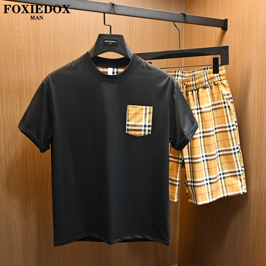 FOXIEDOX欧洲站男士短袖短裤套装夏季2026新款休闲格子两件套