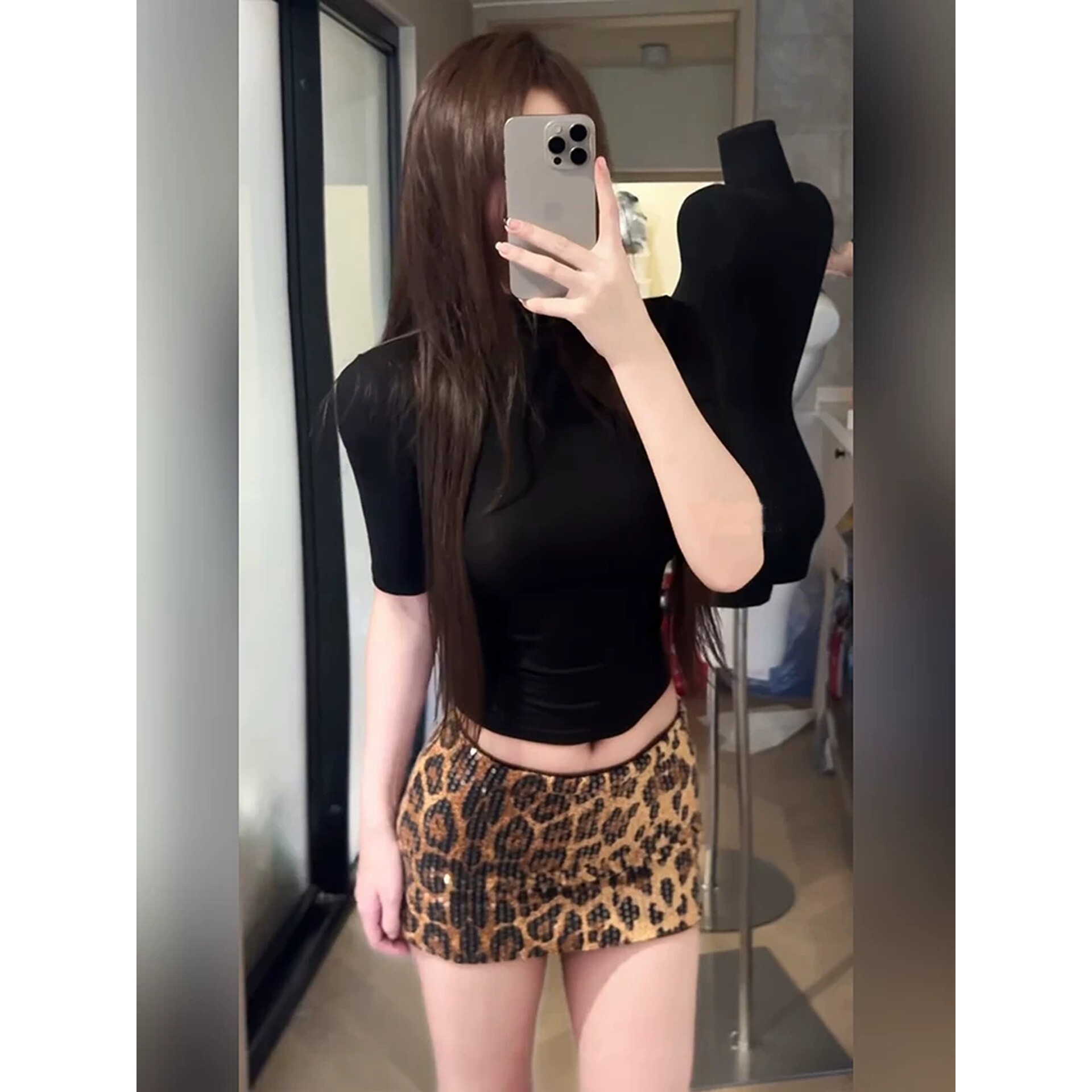 美式纯欲风辣妹两件套性感半袖T恤上衣豹纹亮片低腰包臀短裙套装