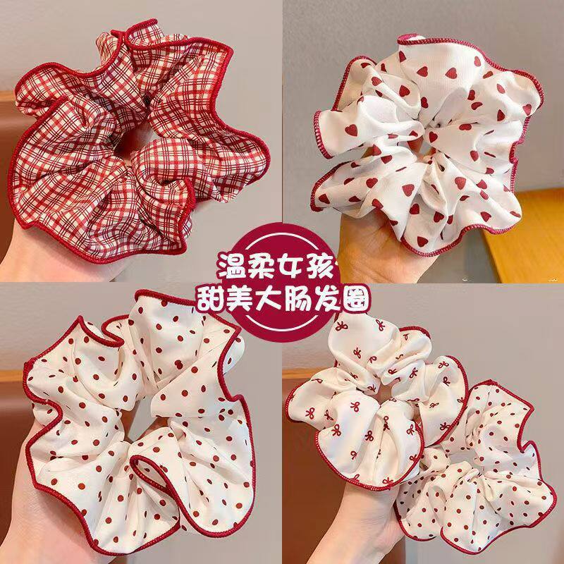 波点格子红色系大肠圈不伤发发绳女孩扎丸子头发圈高弹力头绳发饰