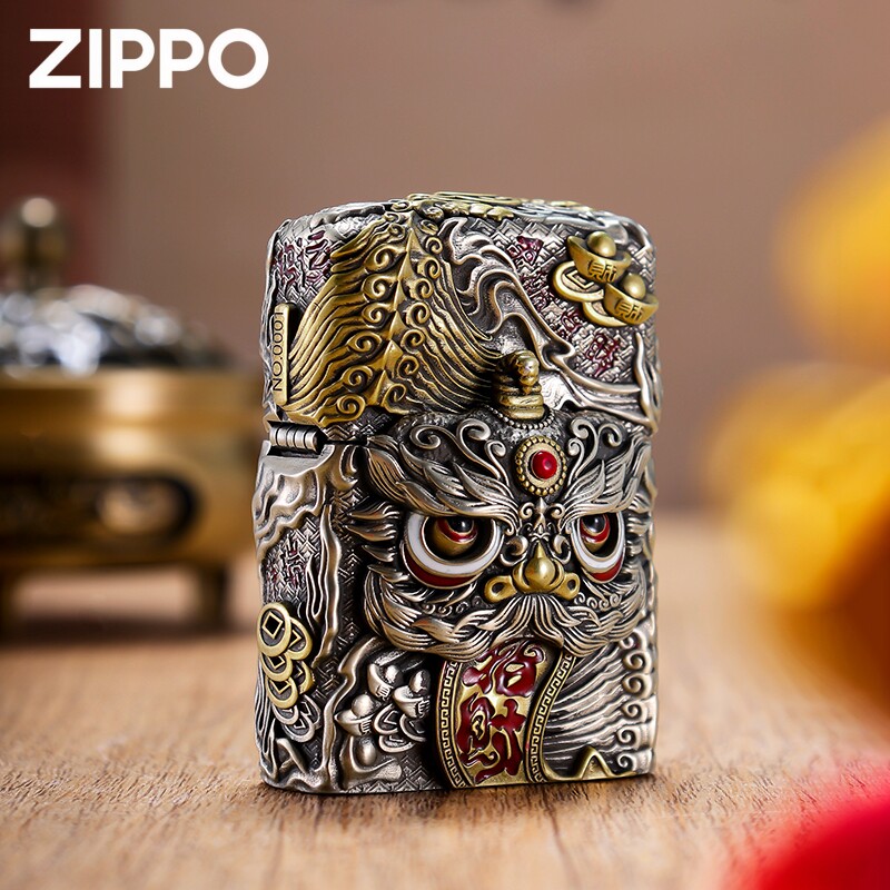 鸿运灵狮Zippo芝宝防风煤油打火机夜光套壳古银送礼品重盔甲机关