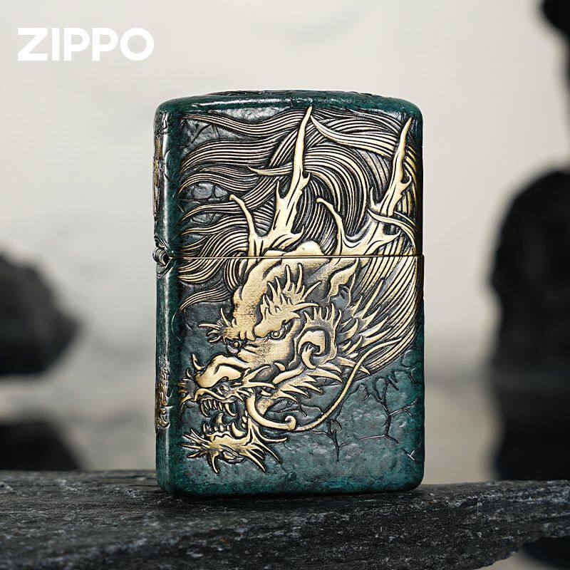 苍龙出山Zippo芝宝青铜防风煤油打火机黄铜黑金礼盒套壳五面浮雕