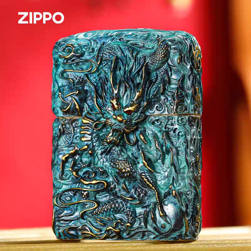 烧色龙凤芝宝Zippo纯铜镶嵌宝石防风煤油送礼品重盔甲限量打火机