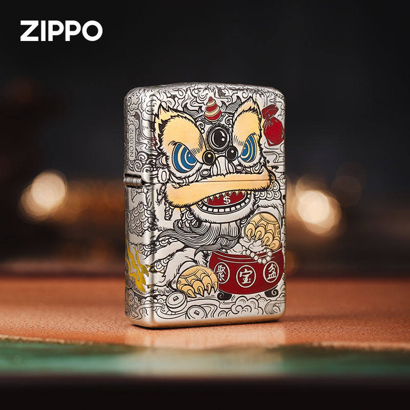 醒狮Zippo芝宝夜光镶嵌珐琅彩白钢雕刻重盔甲防风煤油打火机送礼