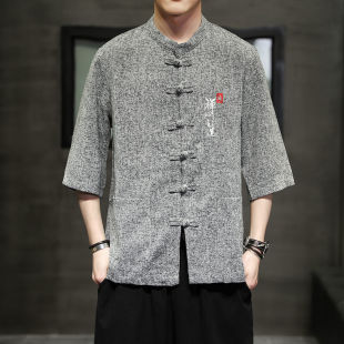 襯衫 大碼 男夏季 寬松青年唐裝 中國(guó)風(fēng)盤扣刺繡七分袖 古風(fēng)亞麻唐裝
