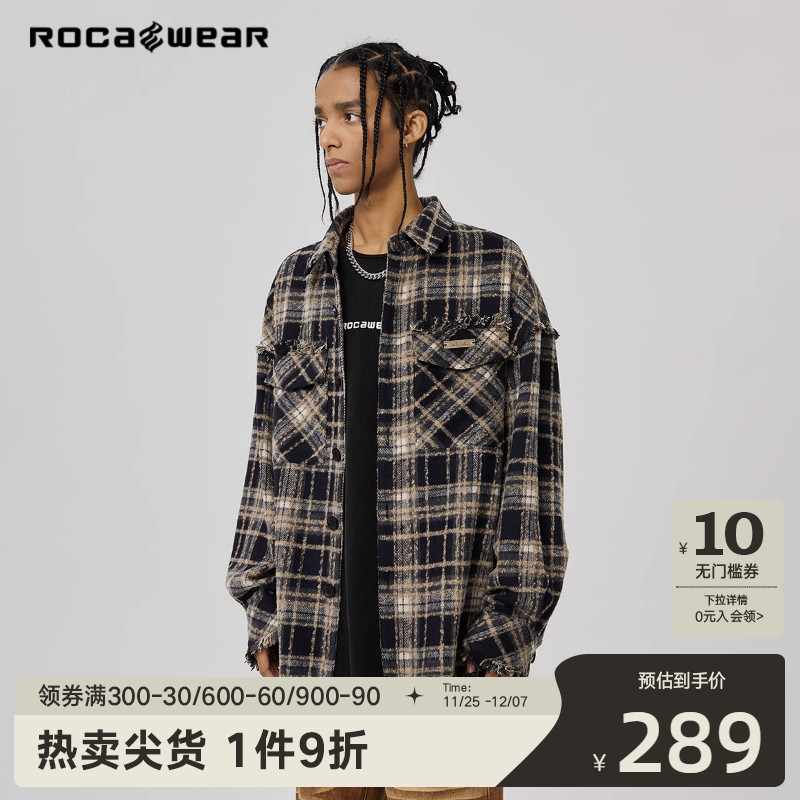 【孙艺洲同款】Rocawear格纹做旧毛边衬衫贴布绣下摆破坏高街外套