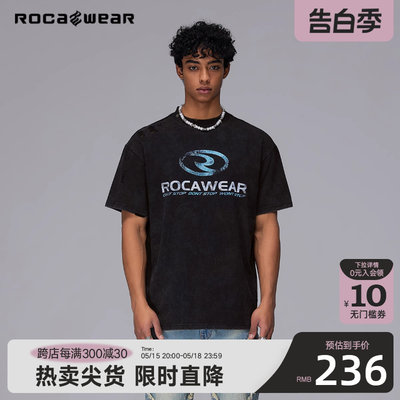 Rocawear美式潮牌金属撞钉斑驳图案手绘脏洗短袖T恤宽松休闲半袖