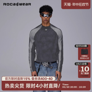 美式 Rocawear夏季 潮牌搭缝分割弹力打底长袖 T恤修身 内搭骑行服