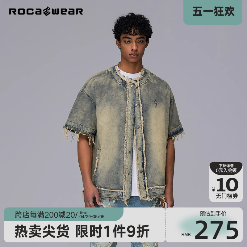 Rocawear美式潮牌重工水洗肌理牛仔衬衫复古宽松休闲短袖衬衣外套