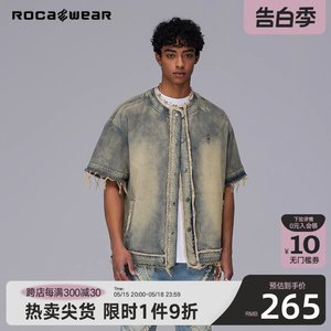 Rocawear美式潮牌重工水洗肌理牛仔衬衫复古宽松休闲短袖衬衣外套