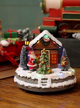 旋转圣诞树雪地小屋音乐盒彩灯