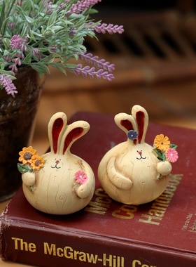 田园长耳朵胖胖木纹兔创意摆件