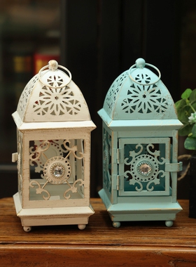 东南亚复古风做旧电子蜡烛台铁艺镂空工艺品拍照道具氛围风灯摆件