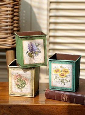 复古做旧铁皮花桶干花盆装饰摆件