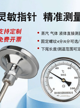 双金属温度计WSS-401工业锅炉管道不锈钢轴向温度计4分/6分螺纹