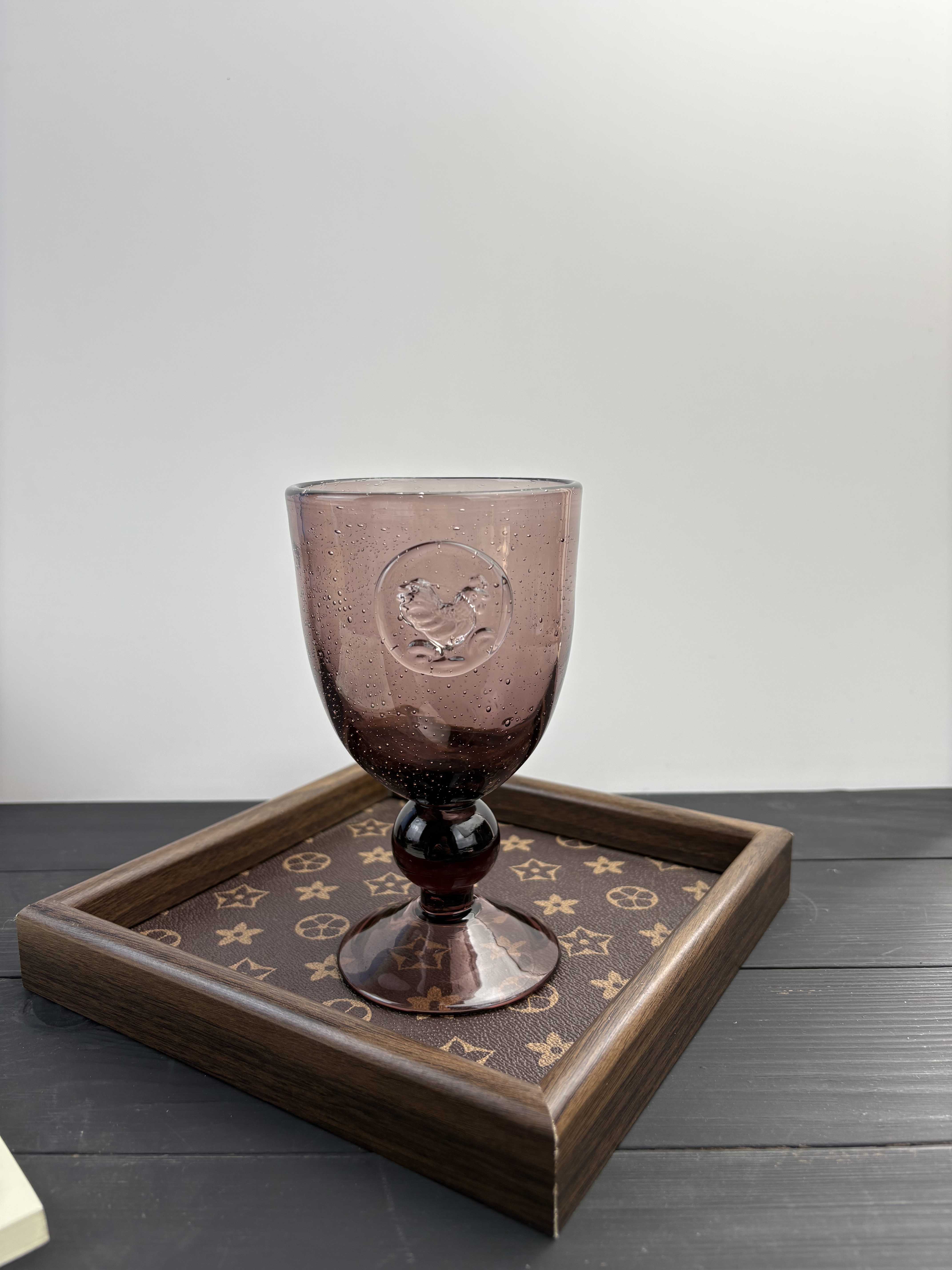 中古vintage紫色浮雕气泡公鸡杯玻璃杯原色料高脚杯红酒杯厚重感