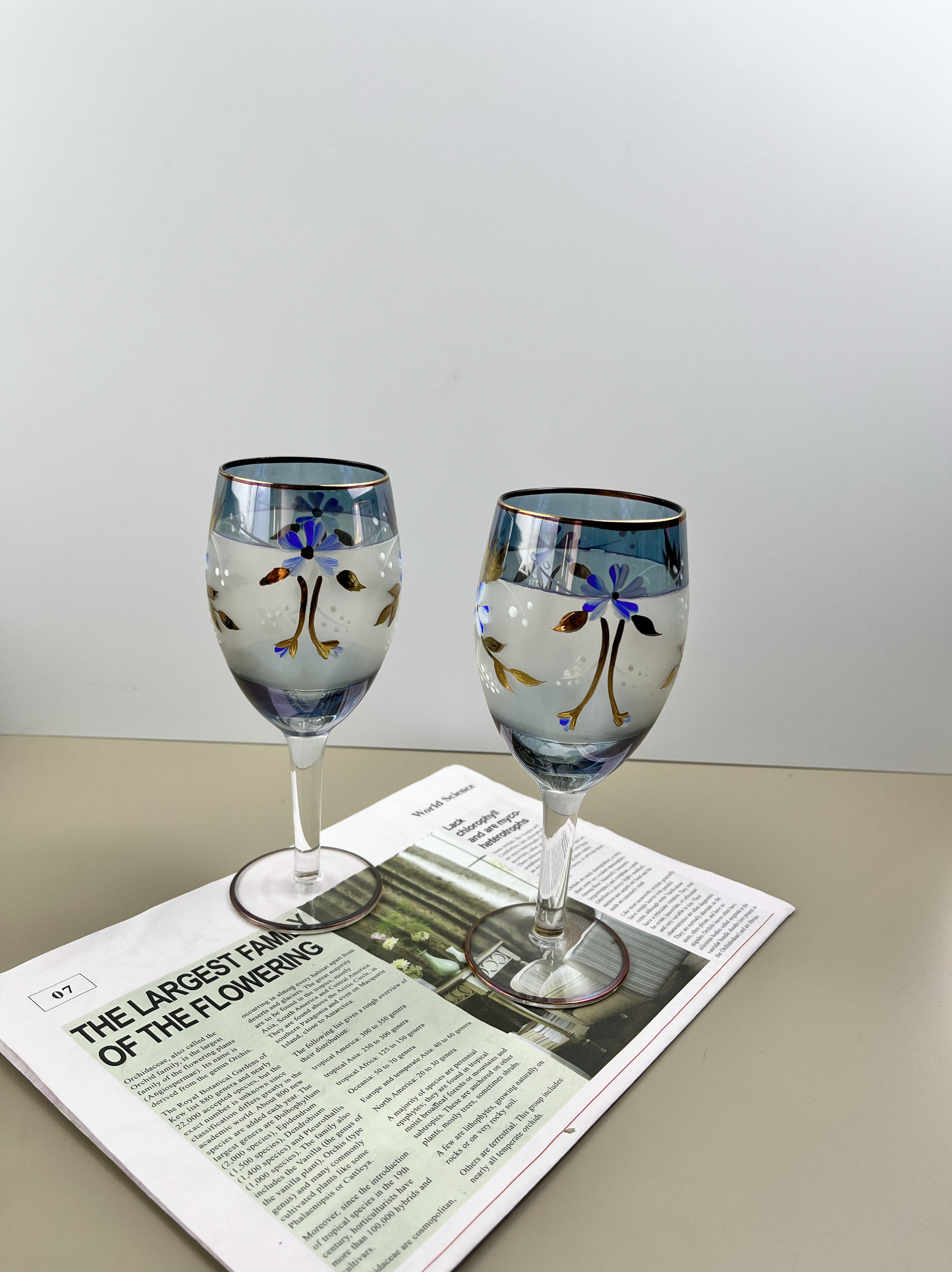 中古vintage蓝色鎏金彩绘高脚杯红酒杯法式复古葡萄酒杯礼物