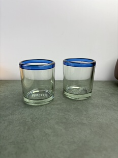 两只装复古外贸手工淡绿色拼色蓝色玻璃杯双色拼色厚重感玻璃杯