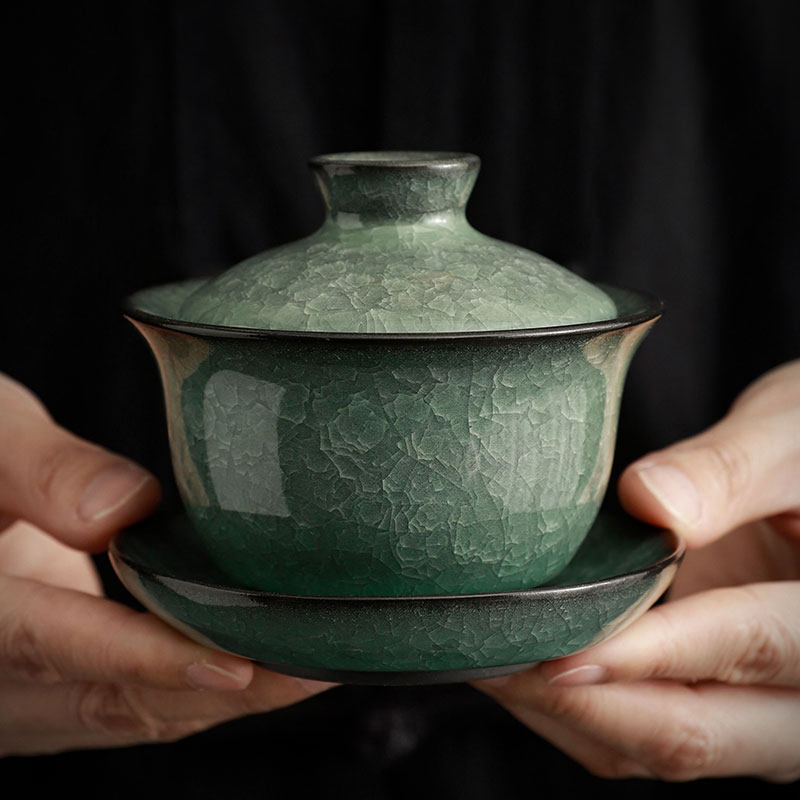 爱尔兰绿冰三才盖碗丨单个泡茶杯手工开片化冰家用陶瓷功夫茶具