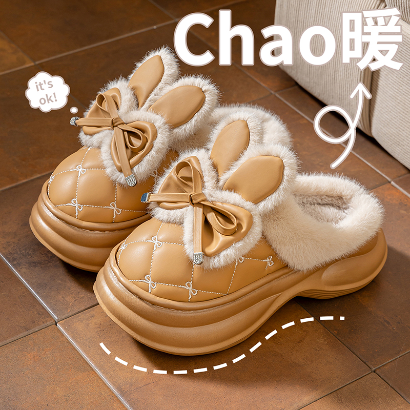 PU皮蝴蝶结棉拖鞋女居家室内增高厚底ins风拖鞋冬季加绒保暖百搭