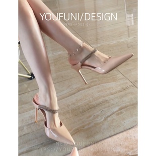 2026春新款尖头裸粉色水钻尖头高跟鞋细跟女御姐气质包头凉半拖鞋