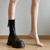 真皮今年流行 小短靴女厚底甜酷马丁靴女显瘦中筒靴女粗跟防水台