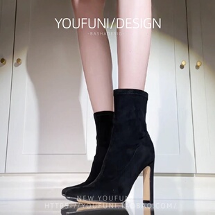 黑色尖头绒面瘦瘦靴子女2025新款秋冬加绒高跟短靴女粗跟弹力袜靴