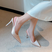 后绊带尖头绸缎细跟单鞋 法式 伴娘凉鞋 包头气质高跟鞋 女夏2025新款