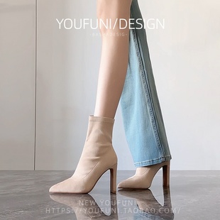 羊皮版~ 绒面粗跟高跟鞋小短靴女2025秋冬新款弹力瘦瘦靴加绒女靴