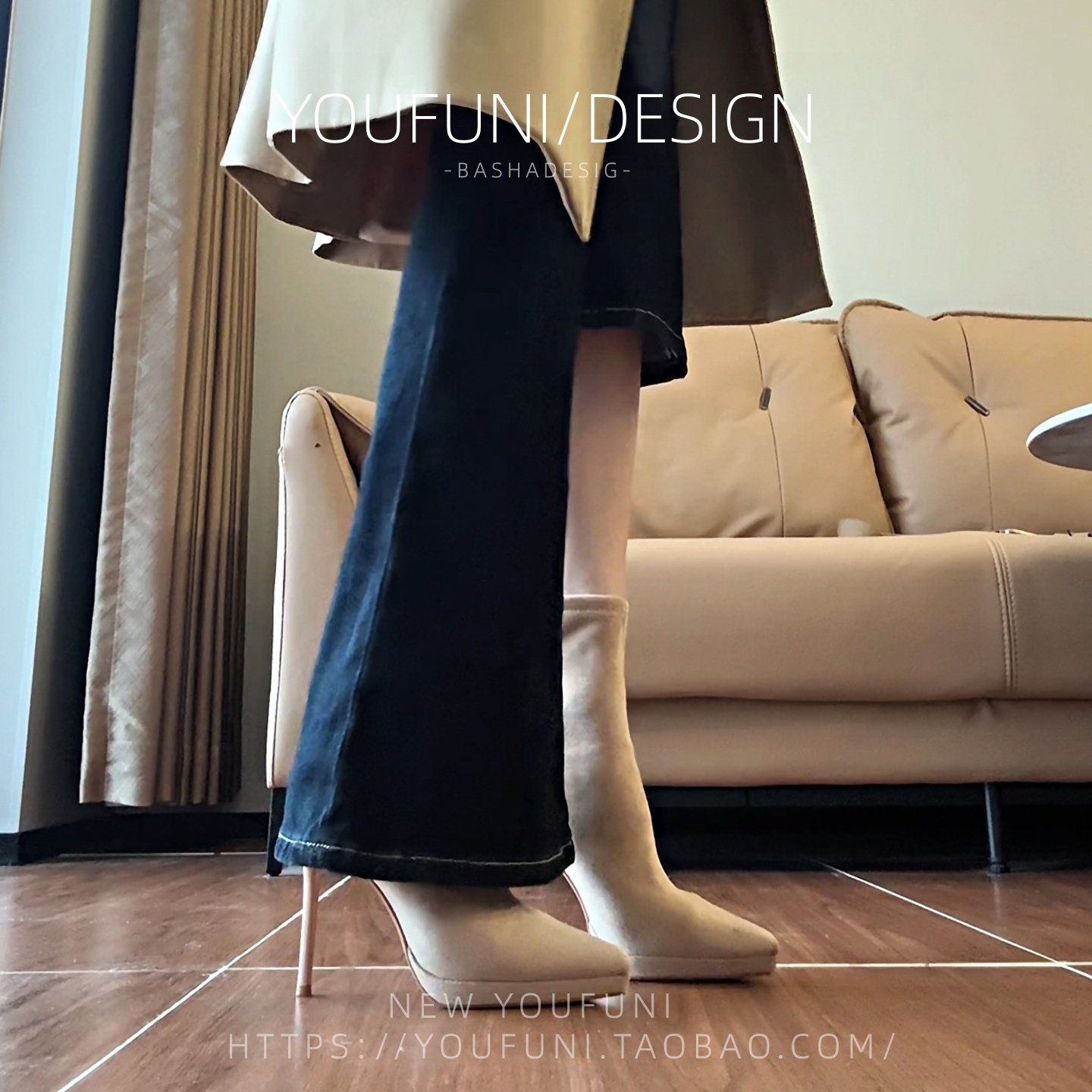 裸色高跟后拉链短靴女秋冬新款中筒尖头细跟马丁靴防水台瘦瘦靴子