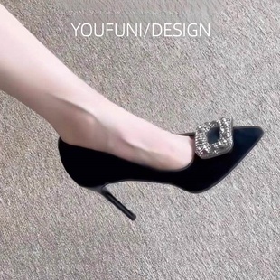 细跟不累脚单鞋 法式 高级感黑色绒面职业工作鞋 2025新款 水钻高跟鞋
