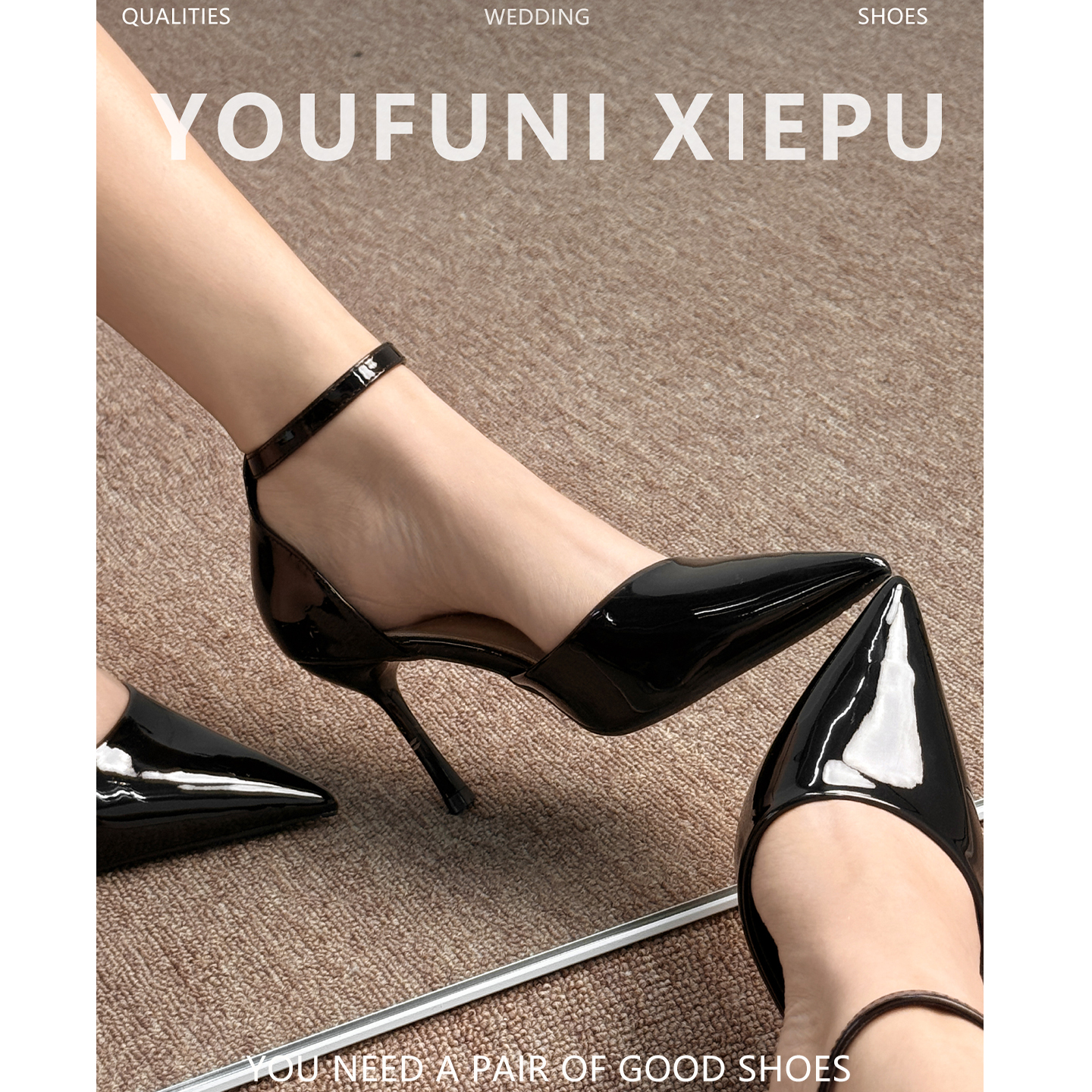 法式绝美黑色高跟鞋新款尖头漆皮单鞋一字扣包头凉鞋性感气质女鞋