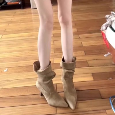 2025秋季新款百搭绒面短靴女复古风气质堆堆靴法式细跟尖头骑士靴