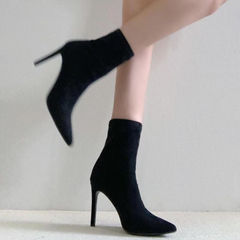 黑色尖头短靴女高跟鞋秋冬季绒面袜靴女细跟性感裸靴子弹力瘦瘦靴