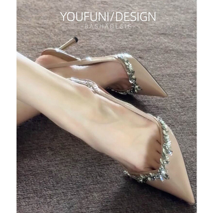 尖头水钻花御姐性感气质不累脚细跟单鞋 裸色高跟鞋 女2026春秋新款