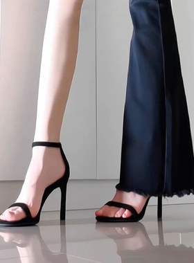 sw黑色一字带凉鞋女款2025新款夏季外穿时尚高级感真皮细跟高跟鞋