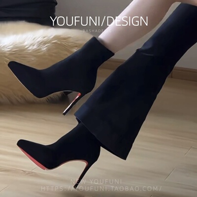 26年新款红底高跟弹力靴黑色绒面性感瘦瘦袜子靴尖头细跟短靴