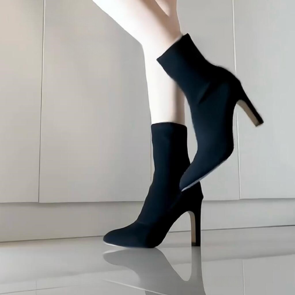 瘦瘦靴女高跟短靴绒面春秋单靴子尖头袜靴粗跟鞋冬季弹力2025新款