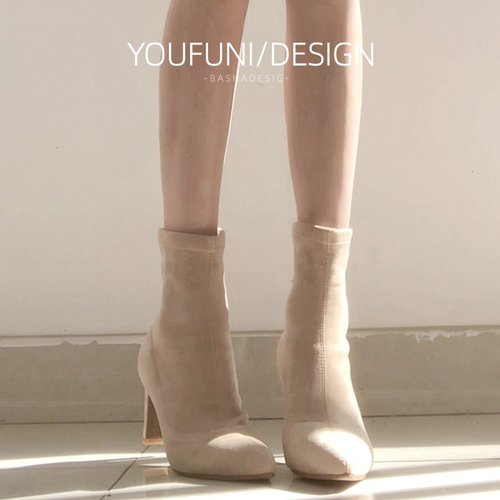 瘦瘦靴女高跟短靴裸色秋冬单靴子尖头袜靴粗跟鞋冬季弹力2025新款