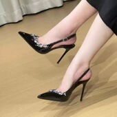 裸色凉鞋 婚鞋 气质漆皮黑色单鞋 细跟包头尖头水钻法式 女 伴娘高跟鞋