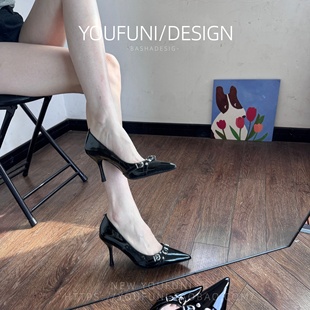 2025年新款 尖头黑色高跟鞋 女细跟气质高级百搭不累脚漆皮浅口单鞋