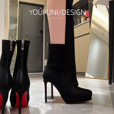 黑色绒面短靴女秋冬御姐红底细跟瘦瘦靴子百搭尖头高跟鞋弹力袜靴